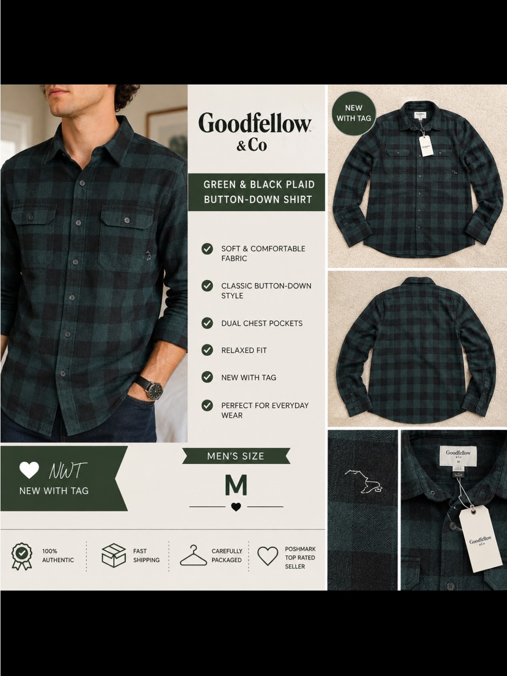 Goodfellow & Co Green and Black Plaid Button-Down Shirt - Picture 2 of 5